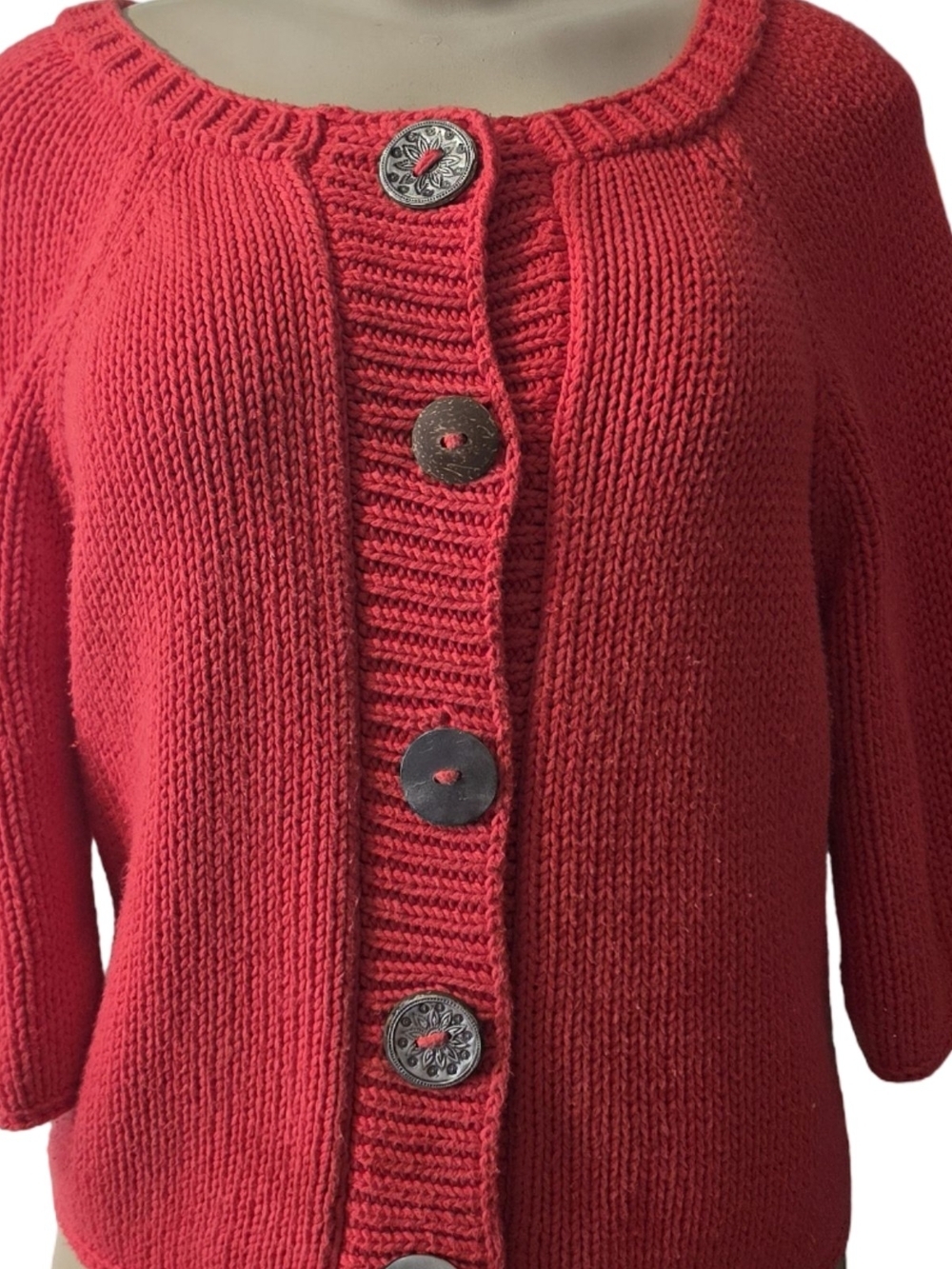 Pure Handknit 100% Cotton Hand Knit Cardigan Sweater S/M Thailand Coral Red Crop